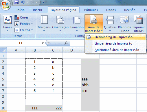 Planilha de Excel, Definir Área de Impressão