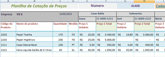 Planilha de Cotação de Preços lista dos itens