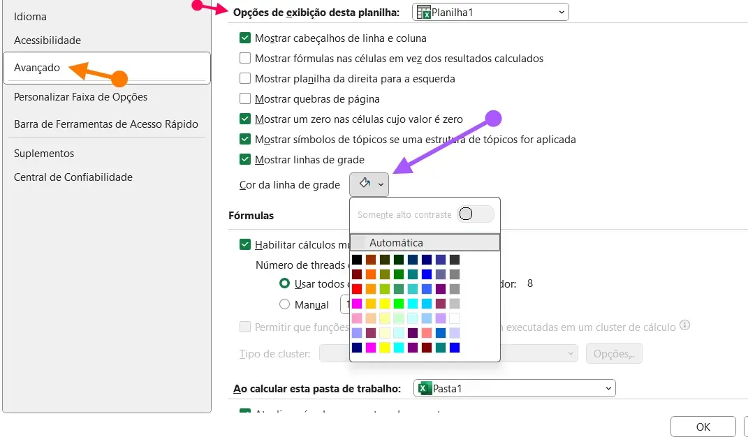 Aplicar cores nas linhas de grade em toda a planilha de Excel