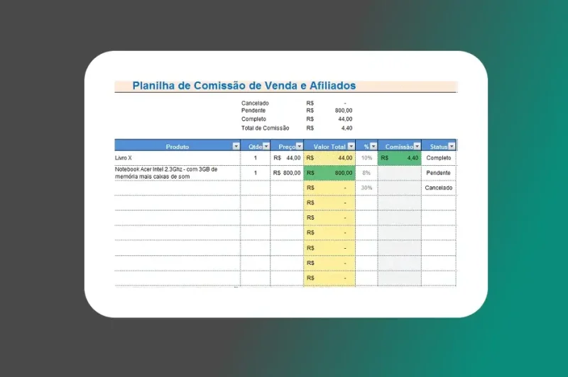 Planilha de Comissão de Vendas e de Afiliados