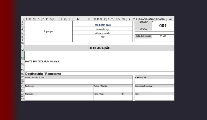 Planilha para declaração de remessa