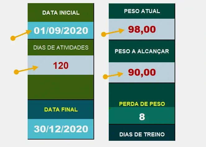 Preencher tabela de Objetivos da Dieta e Exercícios