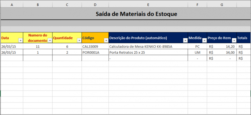 Planilha de Controle de Estoque - saída de materiais