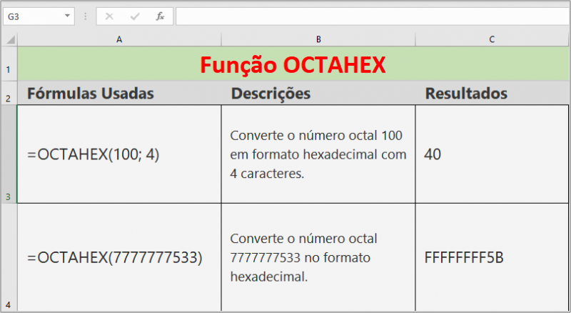 Função OCTAHEX do Excel como usar