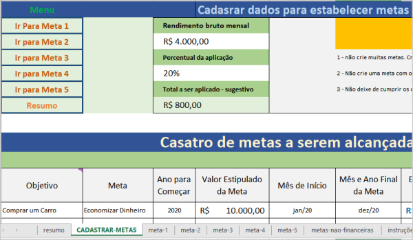 Cadastrar metas na planilha