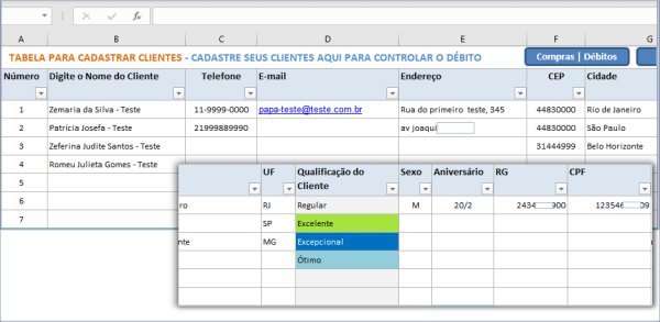 Tabela para cadastrar clientes