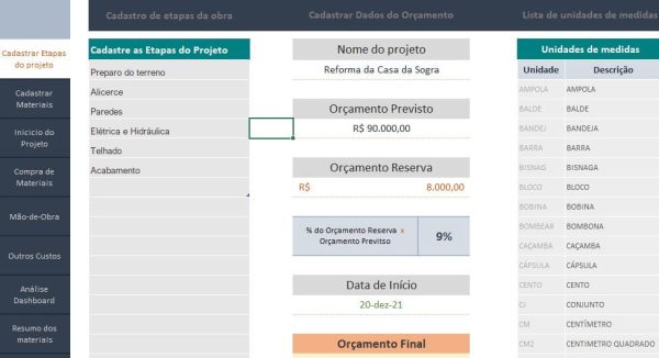 Cadastro de materiais de construção na planilha