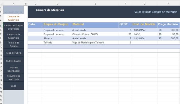 planilha de orçamento de obras compras de materiais