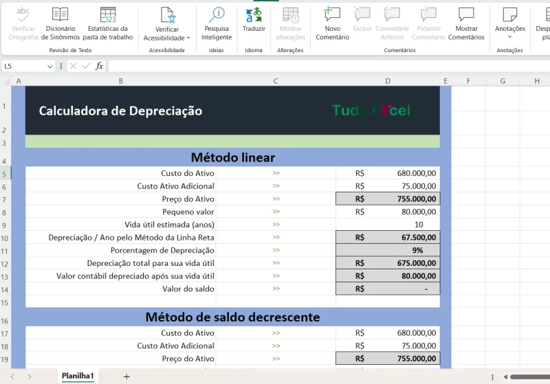 Planilha para calcular a depreciação de ativos fixos