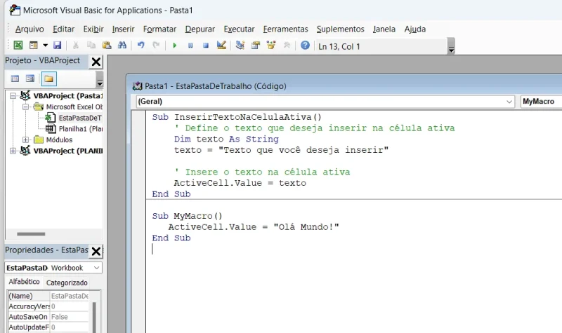 inserir texto na célula atual com VBA ActiveCell