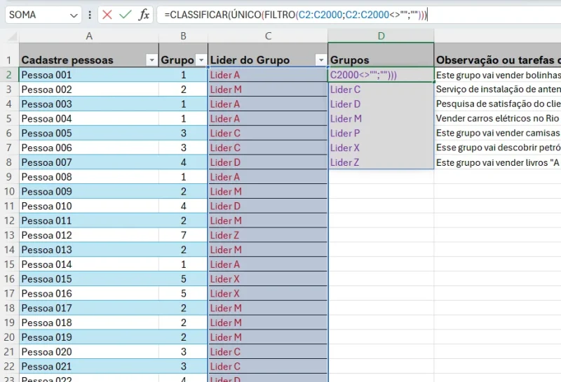 criar uma lista resumida na planilha de Excel