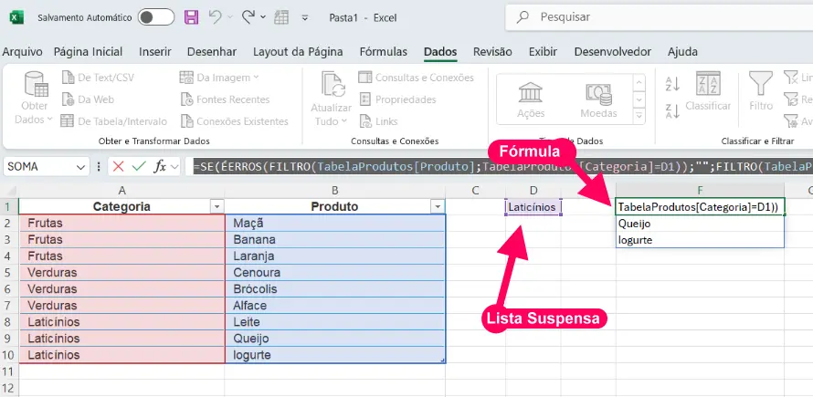 Inserir fórmula para lista dados da lista suspensa