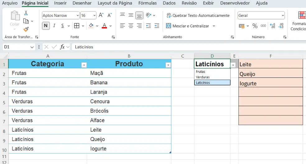 Resultado da lista suspensa com filtro no Excel