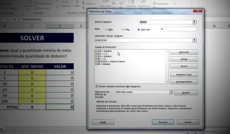 Solver para otimização no Excel