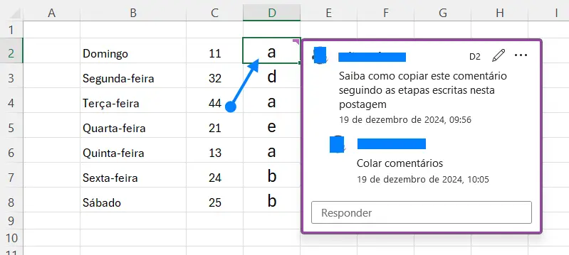 copiar comentários no Excel