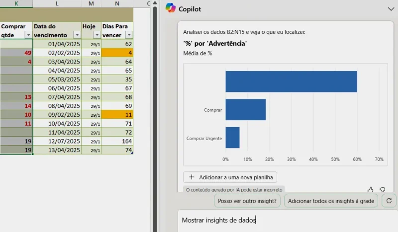 Classificar e filtrar dados com o Copilot no Excel