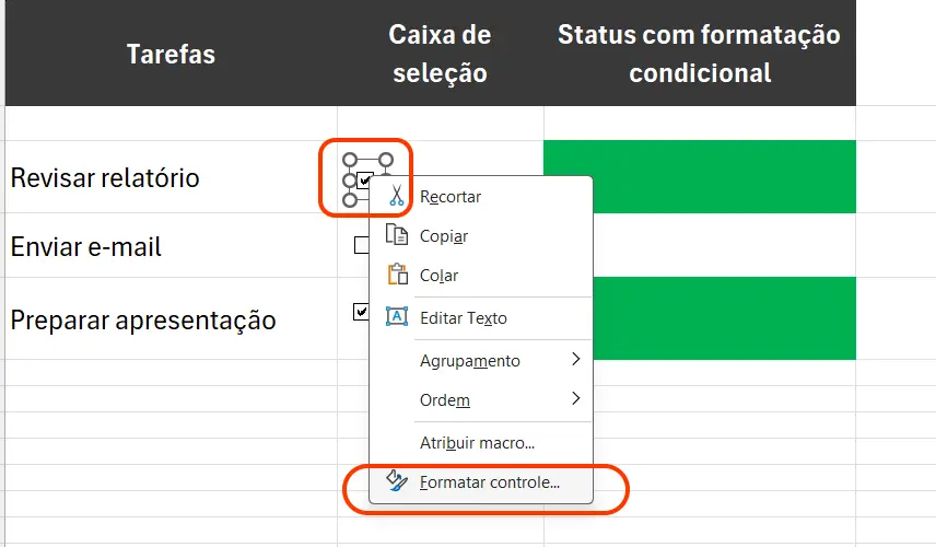 Vincular a Caixa de Seleção a uma Célula